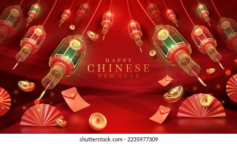 Chinese new year background and lantern elements and gold coin on red light beam effect with money envelope decoration and bokeh. Luxury style design concept.