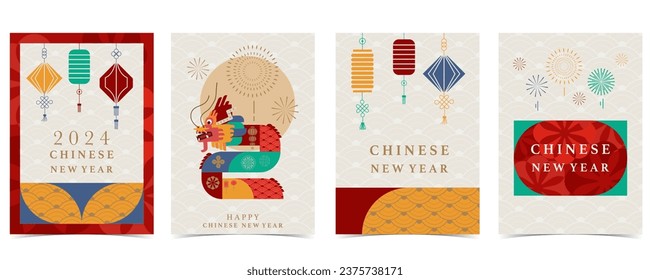 Chinese New Year background with lantern,dragon.Editable vector illustration for postcard,a4 size