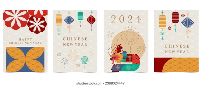 Chinese New Year background with lantern,dragon.Editable vector illustration for postcard,a4 size