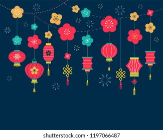 Chinese New Year background with lanterns and flowers, card print, banner