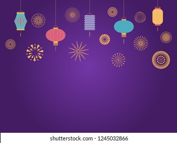 Chinese New Year background with lanterns and fireworks. Isolated objects on dark background. Vector illustration. Flat style design. Concept for holiday banner, greeting card, decorative element.