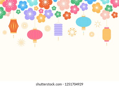Chinese New Year background with lanterns and flowers, on white. Vector illustration. Flat style design. Concept for holiday banner, greeting card, decorative element.