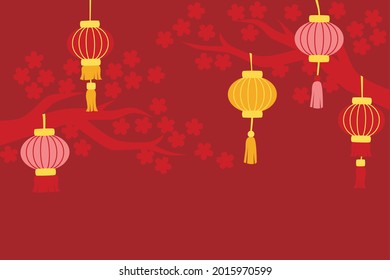 Chinese new year background with lanterns and cherry blossom tree