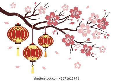 Chinese new year background and Chinese lanterns on a branch