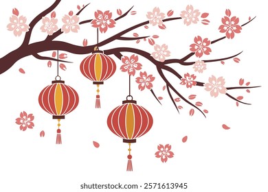 Chinese new year background and Chinese lanterns on a branch