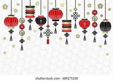 Chinese New Year background with lanterns, coins and golden flowers