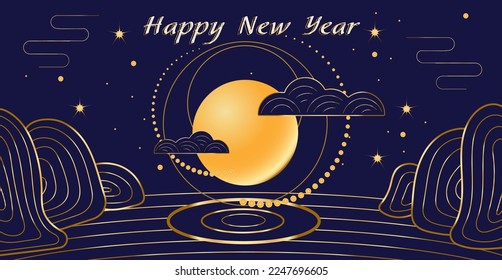 Chinese New Year background. Lunar New Year greeting card on blue background with gold elements. Template cover, poster, postcard, banner, flyer, calendar. 