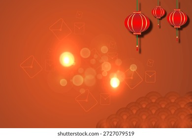 Fondo de año nuevo chino naranja con linternas de papel rojo y adornos