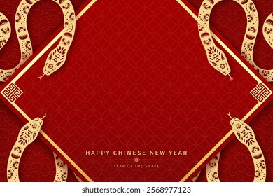 Chinese New Year background with oriental style pattern, snake zodiac sign for 2025 and copy space 