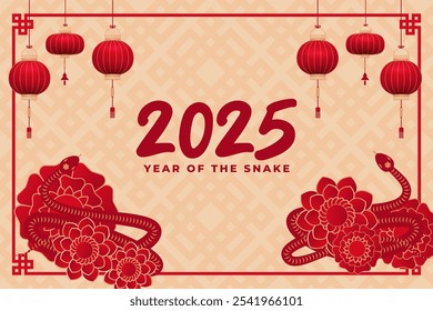 Chinese New Year Background With Pattern. 2025 Year Of The Snake With Lantern, Snake And Flowers.