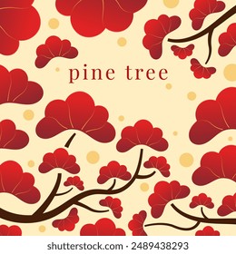 Chinese New Year background. Pine trees art. Bonsai pine branch with leaf. Isolated nature element. Blossom banner. Vector illustration.