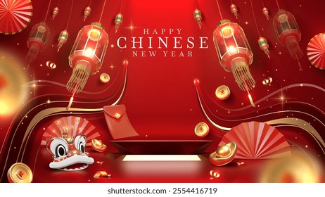 Chinese New Year background with podium for product promotion, glowing red lanterns, traditional gold elements, holiday template backdrop, elegant style poster for Year of the Snake.