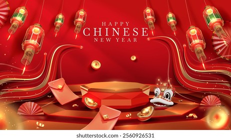 Chinese New Year background with podium for product promotion, glowing red lanterns, traditional gold elements, holiday template backdrop, elegant style poster for Year of the Snake.