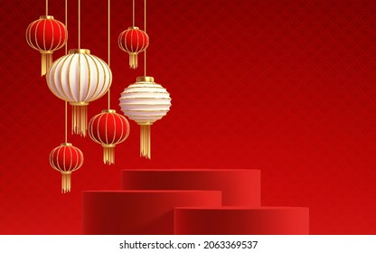 Chinese new year background with realistic 3d red product podium and red Chinese paper lanterns. Vector illustration EPS10