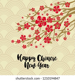 Chinese New Year Background. Red Blooming Sakura Branches on Gold Backdrop. Vector illustration.
