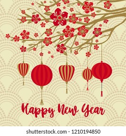Chinese New Year Background. Red Blooming Sakura Branches on Gold Backdrop. Asian Lantern Lamps.
