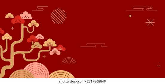 Chinese New Year background. Red and gold Chinese landscape with pine trees and mountains, geometrical vector flat modern style