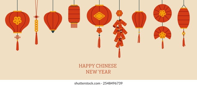 Chinese New Year background with red lanterns. Hand drawn vector illustration.