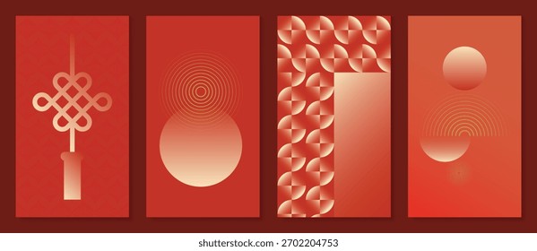 Fondo chino del año Nuevo en rojo y oro con nudo chino tradicional, esfera brillante y azulejos geométricos: elegante diseño de Vector para Fondo de pantalla, empaques e impresiones digitales.