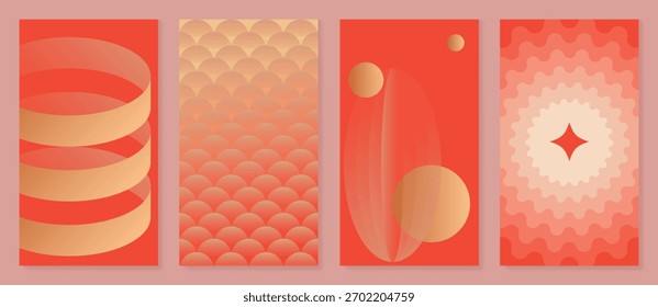 Fondo chino del año Nuevo en Vector rojo y dorado con anillos decorativos, azulejos ondulados y Formas festivas brillantes: diseño elegante para Fondo de pantalla, embalaje e impresiones digitales.