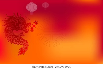 Fondo chino del año Nuevo con el gradiente rojo y naranja, la ilustración del dragón, las linternas, y los Elementos tradicionales del símbolo. Perfecto para el diseño festivo, celebración y temas culturales