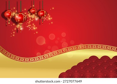 Chinese new year background with red paper lanterns and ornaments