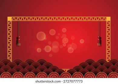 Fundo de Ano Novo chinês com lanternas de papel vermelho e moldura de ouro.