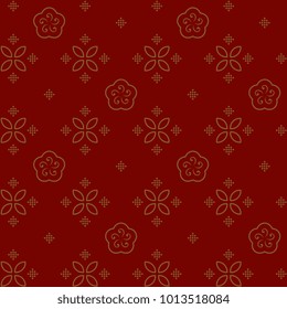 Chinese New Year background, regular seamless mini pattern. Clip art gold outline flowers, coins. Stylized ornament. Decoration; polygraphic products; print on paper; web design.  Minimalist style.