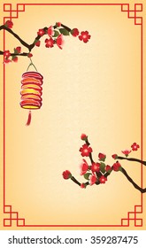 Chinese New Year background with sakura flowers, paper lantern and Chinese pattern. Copy-space for your own text. Print colors used. Size of a postcard. 