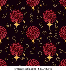 Chinese New Year background. Seamless dark pattern. Abstract spots flowers and golden curls.Vector illustration.