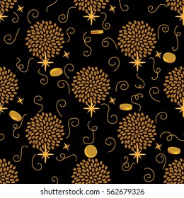 Chinese New Year background. Seamless dark pattern. Gold coins. Abstract spots flowers and golden curls.Vector illustration.