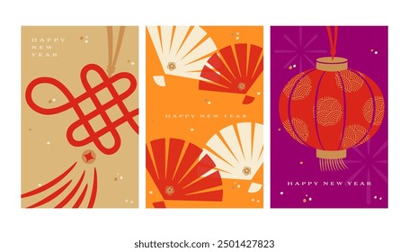 chinese new year background set. lucky knot, fan, lantern elements. Asia traditional festival decoration. cover and template. colorful simple and modern texture. happy new year greeting card.