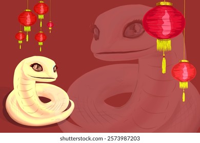 Chinese New Year background with snake icon and lantern lights
