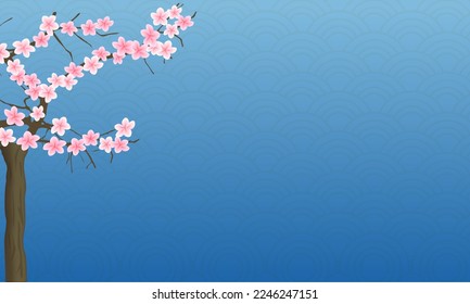 Chinese new year background template Illustrations with blue pattern and pink Sakura Tree Branches.