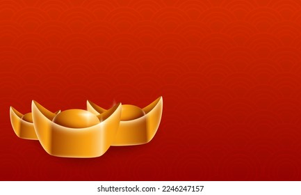 Chinese new year background template Illustrations with red pattern and realistic gold ingot
