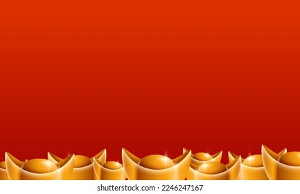 Chinese new year background template Illustrations with red pattern and realistic stack gold ingot