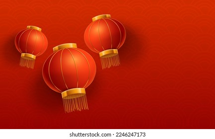 Plantilla de fondo para el año nuevo chino Ilustraciones con un patrón rojo y tres farolillos rojos