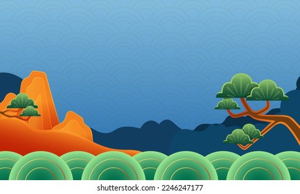 Plantilla de fondo para el año nuevo chino Ilustraciones con un patrón azul y un paisaje chino tradicional