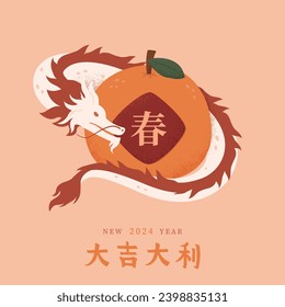 Chinese new year background template with dragon and citrus. Chinese title means Great fortune and great favor. Chinese word on the orange means spring.