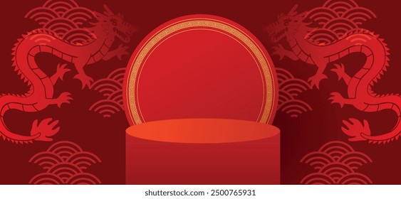 Chinese new year background template dragons pattern background vector illustration. Asian banner template with display podium and round frame. Zodiac dragons background.