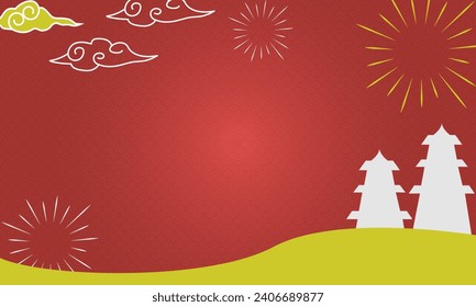 Chinese New Year background, traditional house, clouds, fireworks