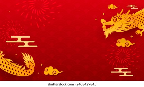 Ilustración vectorial de fondo de Año Nuevo chino. Dragón dorado volando sobre fondo rojo chino