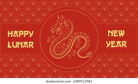 Chinese New Year background vector . Chinese golden dragon, fan, Lunar New Year holiday decoration vector. Oriental culture tradition illustration.