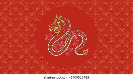 Chinese New Year background vector . Chinese neon dragon, fan, Lunar New Year holiday decoration vector. Oriental culture tradition illustration.