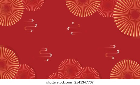 Chinese New Year background vector. Modern template design with cloud, wind, paper fan on red background. Elegant oriental illustration for cover, banner, website, calendar, envelope.
