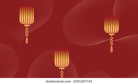 Chinese New Year background vector. Modern template design with lantern, wave on red background. Elegant oriental illustration for cover, banner, website, calendar, envelope.