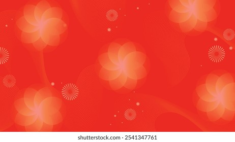 Vetor de fundo chinês Ano Novo. Design de modelo moderno com fogos de artifício, flor de cereja, onda sobre fundo vermelho. Ilustração oriental elegante para capa, banner, site, calendário, envelope.