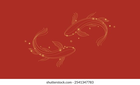 Vetor de fundo chinês Ano Novo. Design de modelo moderno com linha de ouro peixe no fundo vermelho. Ilustração oriental elegante para capa, banner, site, calendário, envelope.