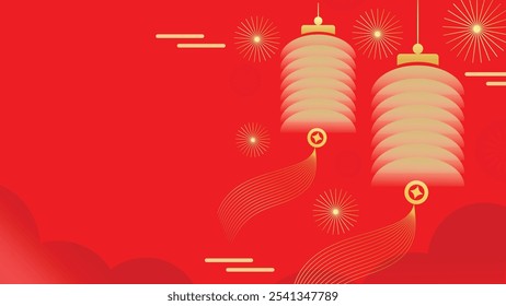 Vetor de fundo chinês Ano Novo. Design de modelo moderno com lanterna, fogos de artifício, nuvem sobre fundo vermelho. Ilustração oriental elegante para capa, banner, site, calendário, envelope.