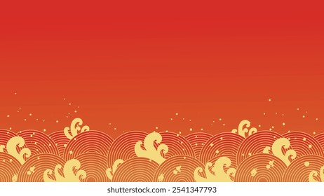 Chinese New Year background vector. Modern template design with gold sea wave on red background. Elegant oriental illustration for cover, banner, website, calendar, envelope.